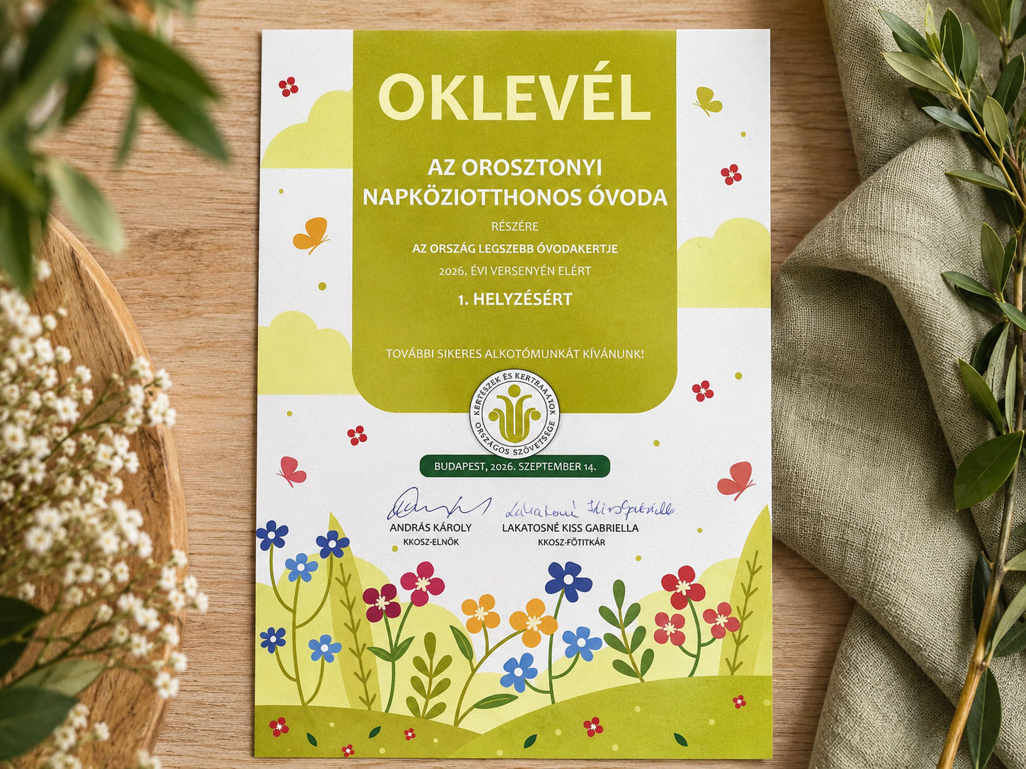Magyarország Legszebb Óvodakertje 2026 oklevél